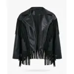 Men's Black Fringe Detail Faux Leather Biker Jacket