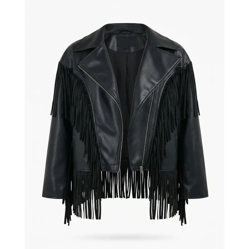 Black Fringe Detail Faux Leather Biker Jacket Men'S Black Fringe Detail Faux Leather Biker Jacket