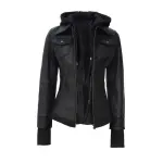 Women's Black Genuine Leather Jacket With Removable Hood