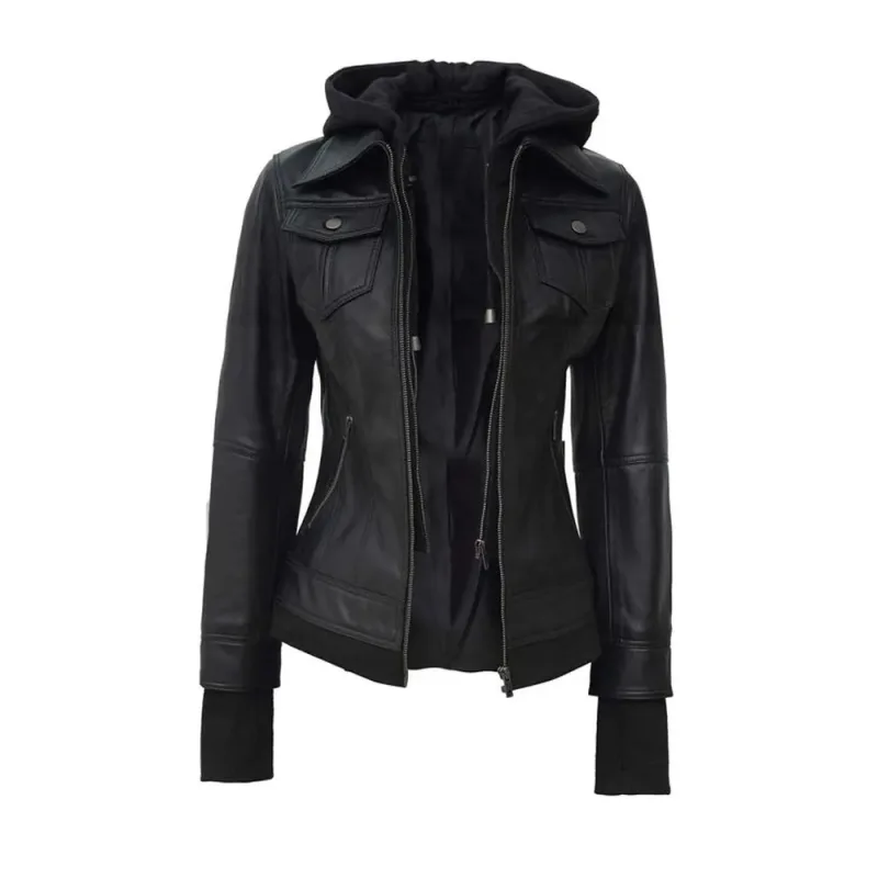 Black Genuine Leather Jacket With Removable Hood Women'S Black Genuine Leather Jacket With Removable Hood