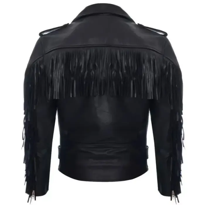 Black Genuine Leather Retro Fringe Biker Jacket
