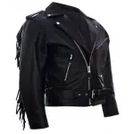 Black Genuine Leather Retro Fringe Biker Jacket