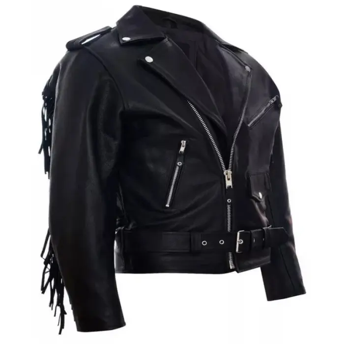 Black Genuine Leather Retro Fringe Biker Jacket