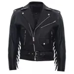 Men’s Black Genuine Leather Retro Fringe Biker Jacket