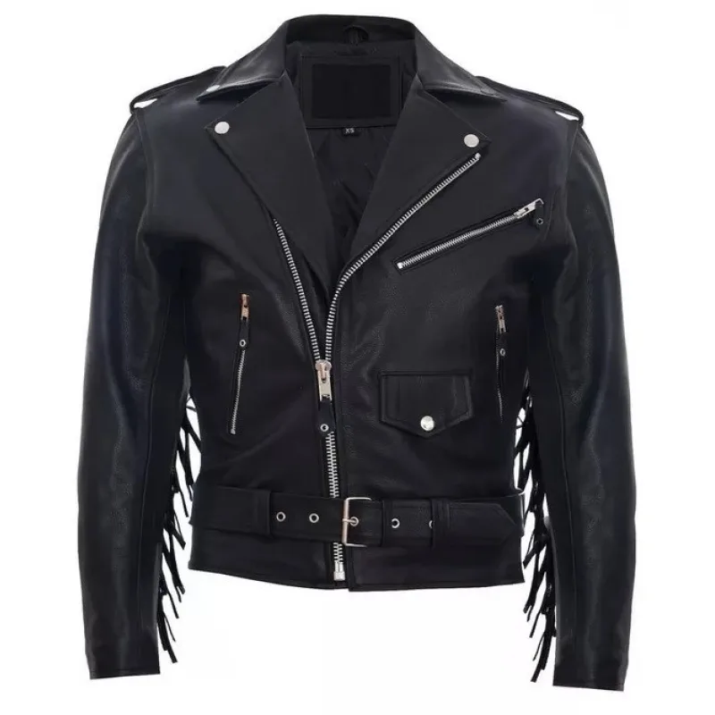 Black Genuine Leather Retro Fringe Biker Jacket Men’s Black Genuine Leather Retro Fringe Biker Jacket