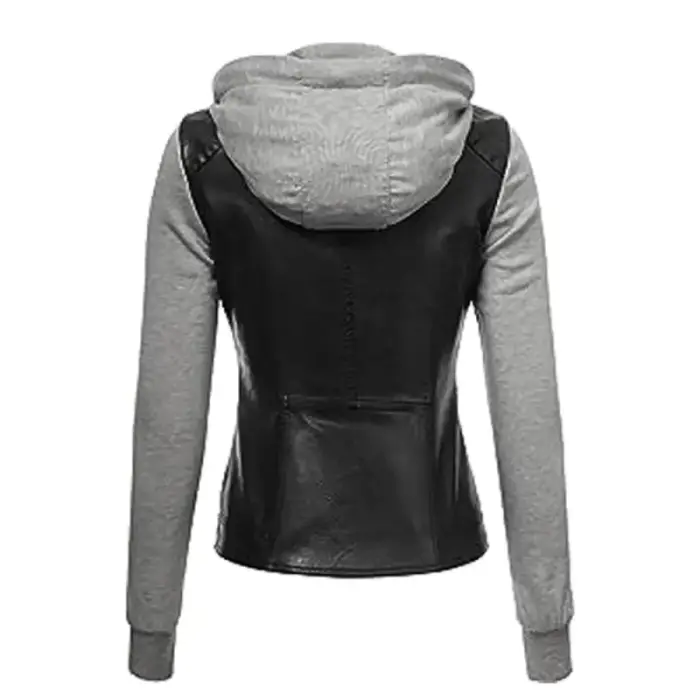 Black/Grey Goatskin Leather Hooded Biker Jacket