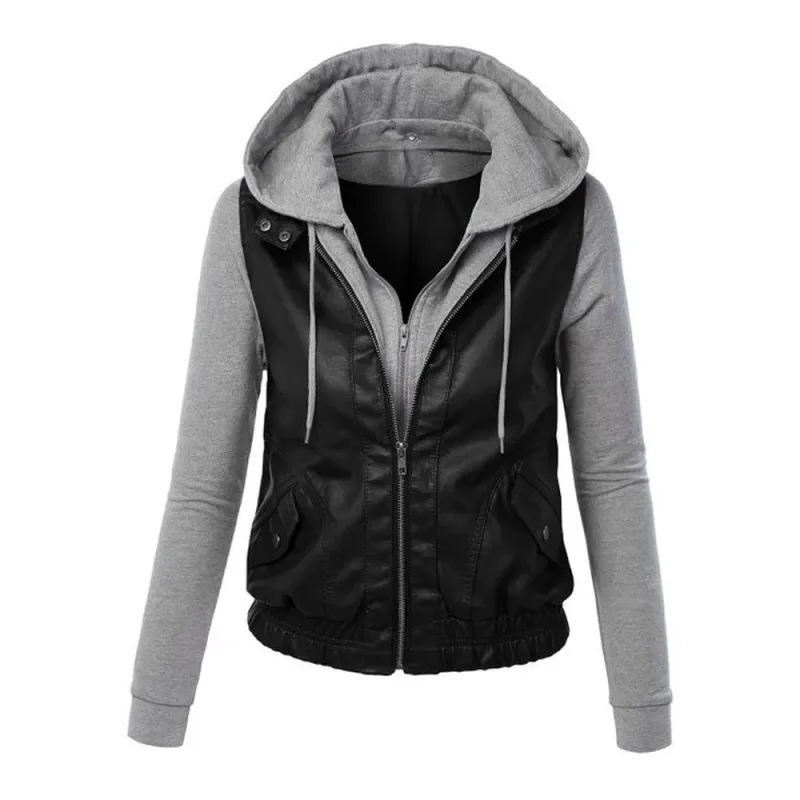 Black/Grey Goatskin Leather Hooded Biker Jacket Women'S Black/Grey Goatskin Leather Hooded Biker Jacket