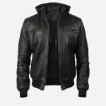 Black Hooded Leather Bomber Jacket with Detachable Hood