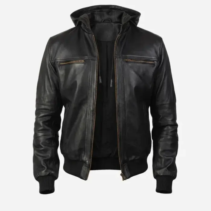Black Hooded Leather Bomber Jacket With Detachable Hood