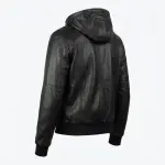 Black Hooded Leather Bomber Jacket with Detachable Hood