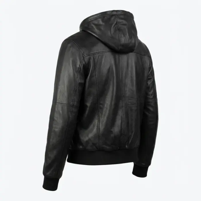 Black Hooded Leather Bomber Jacket With Detachable Hood