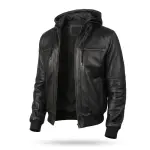 Black Hooded Leather Bomber Jacket with Detachable Hood