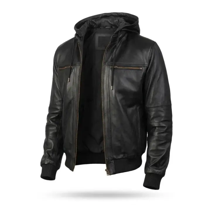 Black Hooded Leather Bomber Jacket With Detachable Hood