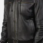 Black Hooded Leather Bomber Jacket with Detachable Hood