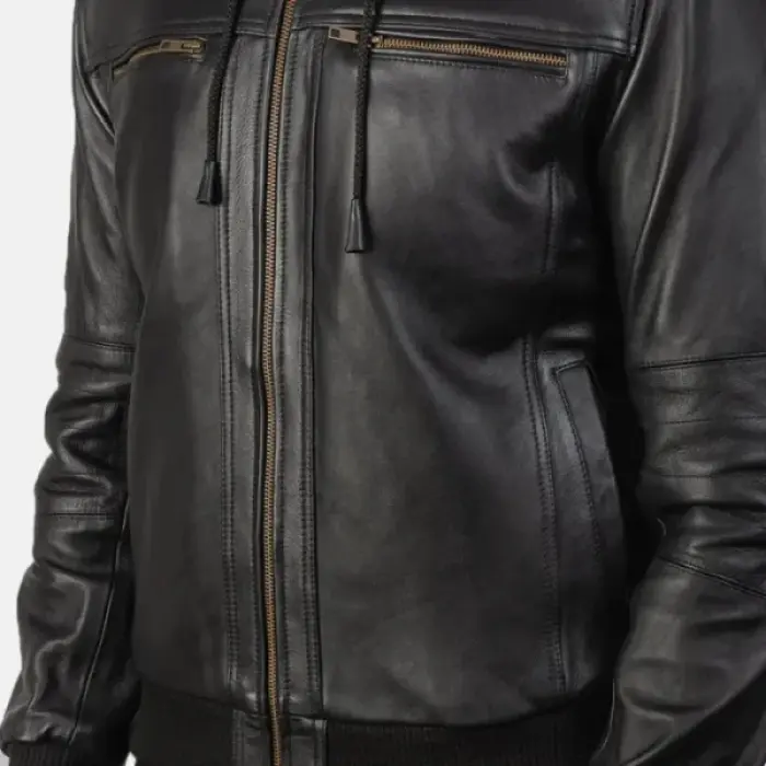 Black Hooded Leather Bomber Jacket With Detachable Hood