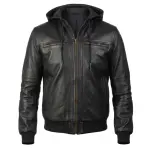 Hooded Leather Bomber Jacket with Detachable Hood