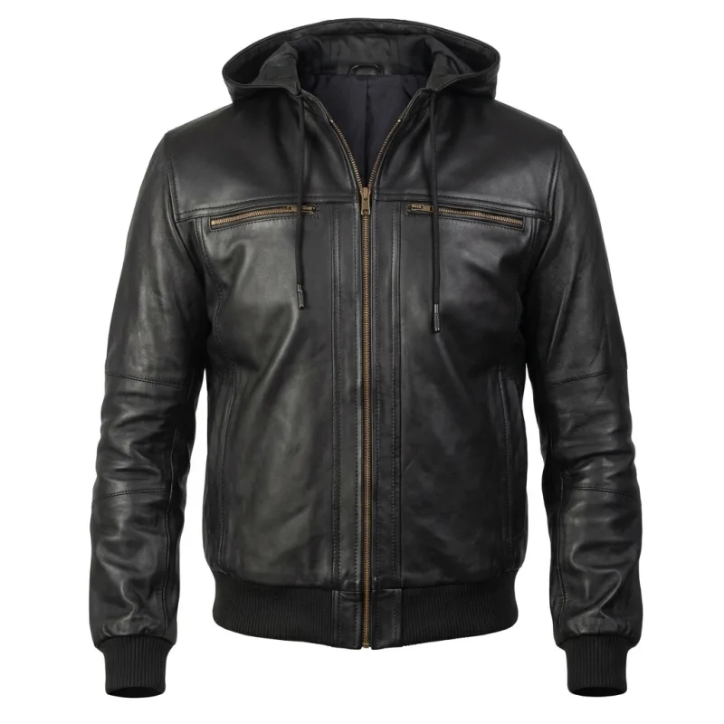Black Hooded Leather Bomber Jacket With Detachable Hood Hooded Leather Bomber Jacket With Detachable Hood