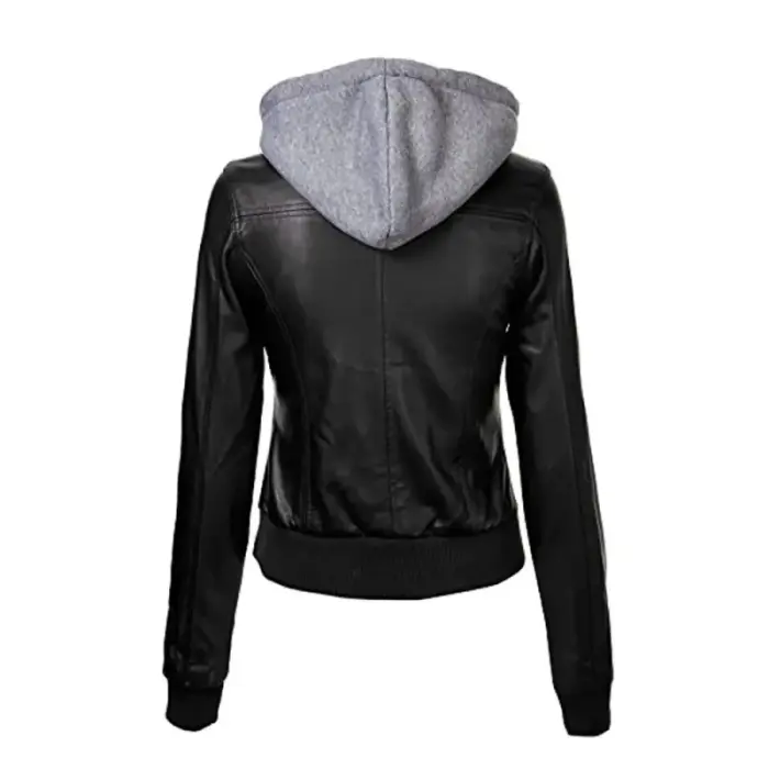 Black Lambskin Leather Hooded Biker Jacket