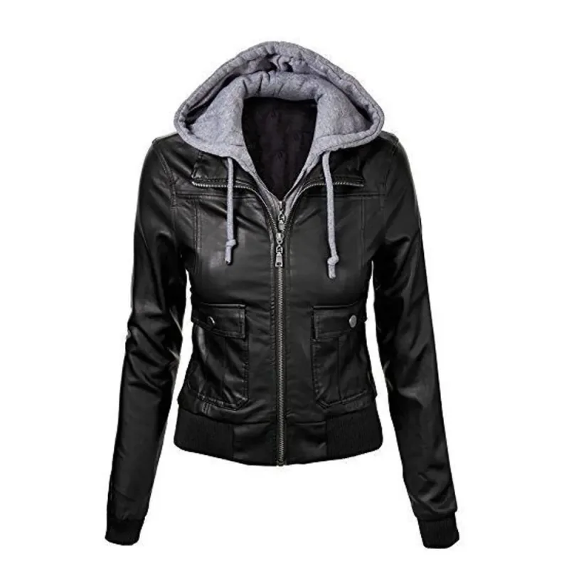 Black Lambskin Leather Hooded Biker Jacket Women'S Black Lambskin Leather Hooded Biker Jacket