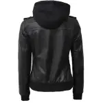 Black Lambskin Leather Hooded Bomber Jacket