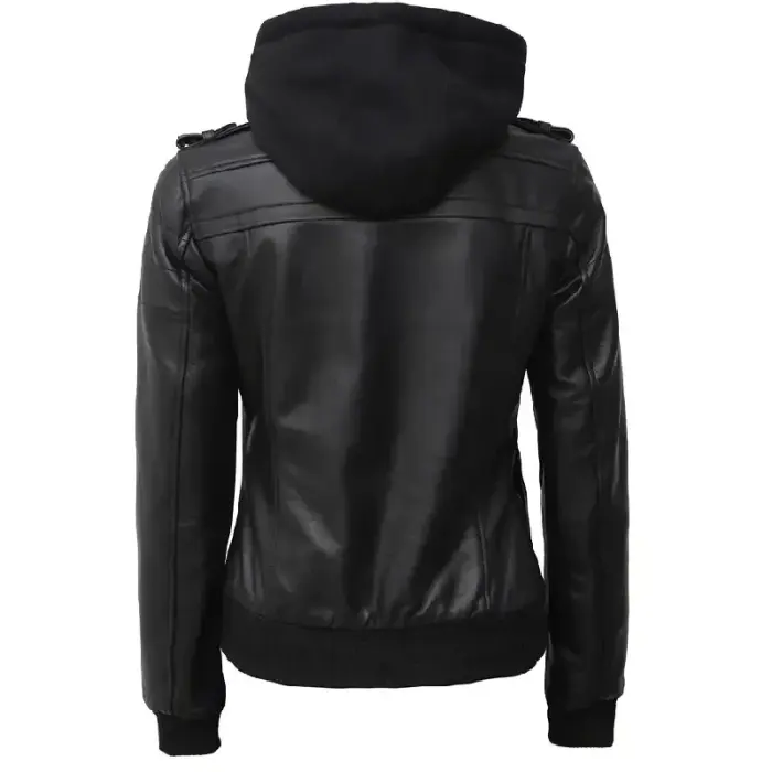 Black Lambskin Leather Hooded Bomber Jacket