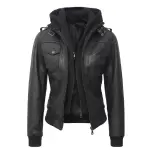 Women’s Black Lambskin Leather Hooded Bomber Jacket