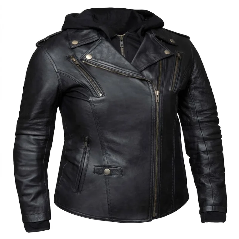 Black Lambskin Leather Hooded Motorcycle Jacket Women'S Black Lambskin Leather Hooded Motorcycle Jacket