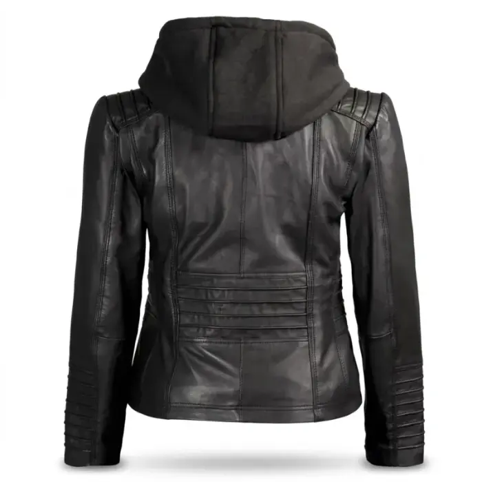 Black Lambskin Leather Jacket With Removable Hood