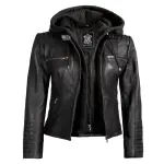 Women's Black Lambskin Leather Jacket With Removable Hood