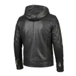 Black Leather Bomber Zip-Up Jacket with Hood