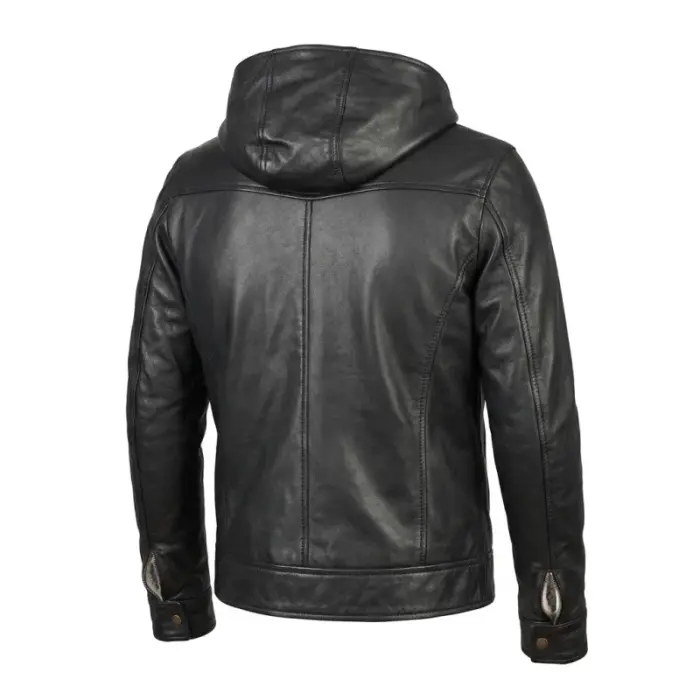 Black Leather Bomber Zip-Up Jacket With Hood
