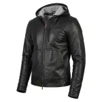Black Leather Bomber Zip-Up Jacket with Hood