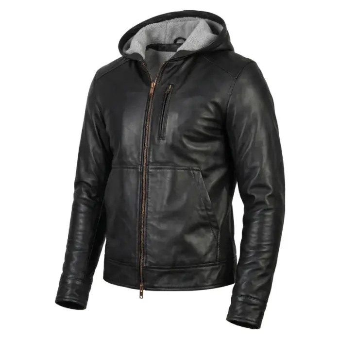 Black Leather Bomber Zip-Up Jacket With Hood