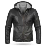 Black Leather Bomber Zip-Up Jacket with Hood