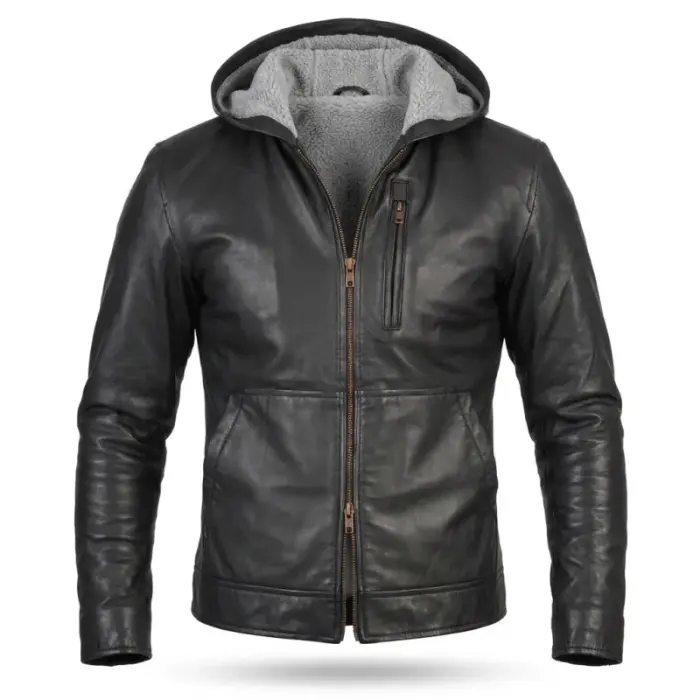 Black Leather Bomber Zip-Up Jacket With Hood