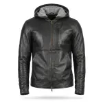 Black Leather Bomber Zip-Up Jacket with Hood
