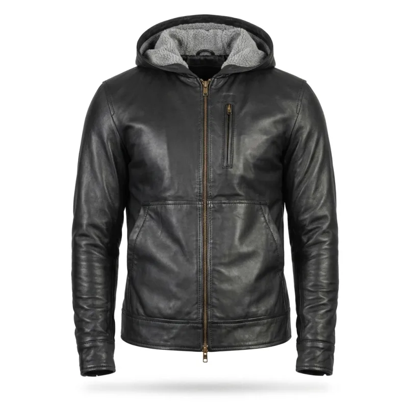 Black Leather Bomber Zip-Up Jacket With Hood Black Leather Bomber Zip-Up Jacket With Hood