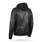 Black Leather Bomber Zip-Up Jacket with Removable Hood