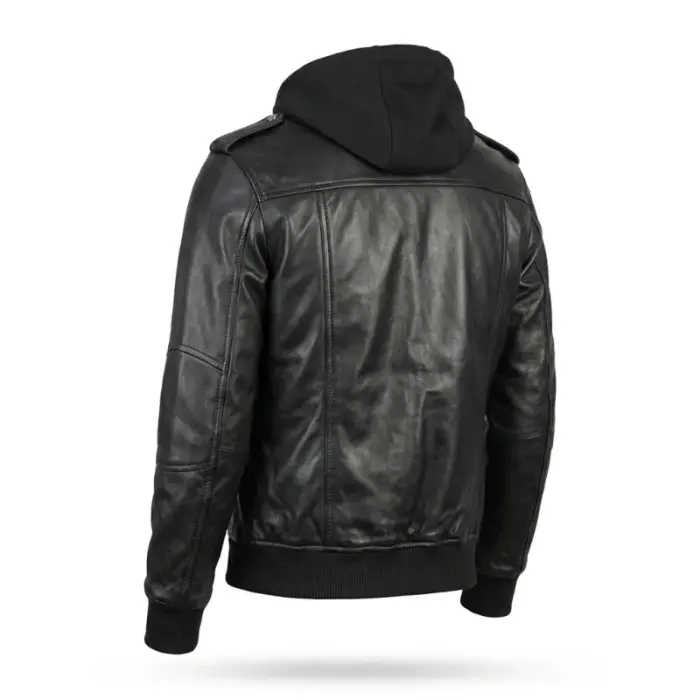 Black Leather Bomber Zip-Up Jacket With Removable Hood