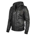Black Leather Bomber Zip-Up Jacket with Removable Hood