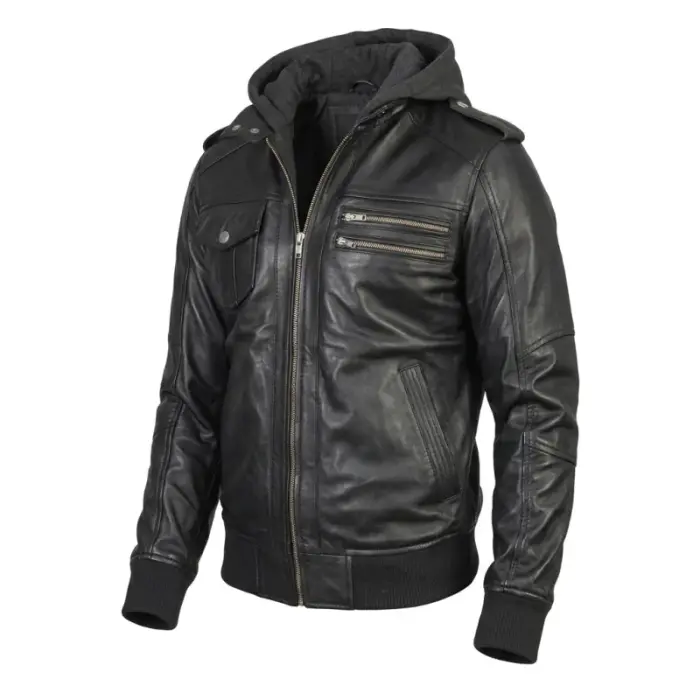 Black Leather Bomber Zip-Up Jacket With Removable Hood