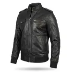Black Leather Bomber Zip-Up Jacket with Removable Hood