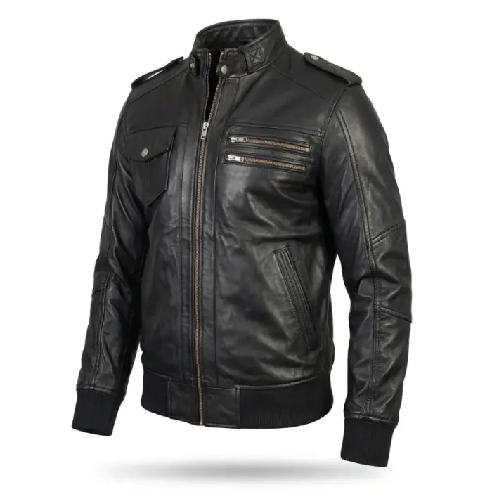 Black Leather Bomber Zip-Up Jacket With Removable Hood