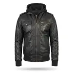Leather Bomber Zip-Up Jacket with Removable Hood