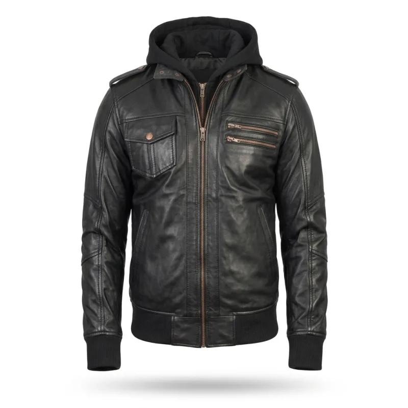 Black Leather Bomber Zip-Up Jacket With Removable Hood Leather Bomber Zip-Up Jacket With Removable Hood