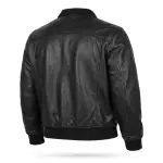 Black Leather Flight Bomber Jacket With Ribbed Trim