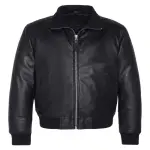 Men’s Black Leather Flight Bomber Jacket With Ribbed Trim