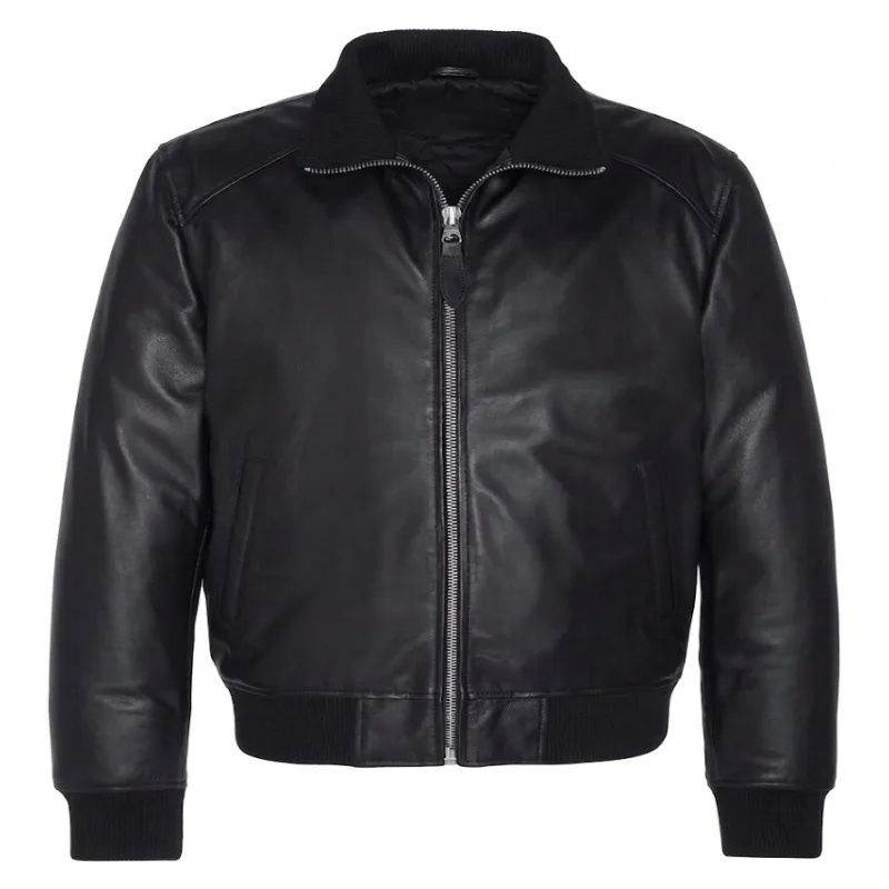 Black Leather Flight Bomber Jacket With Ribbed Trim Men’s Black Leather Flight Bomber Jacket With Ribbed Trim