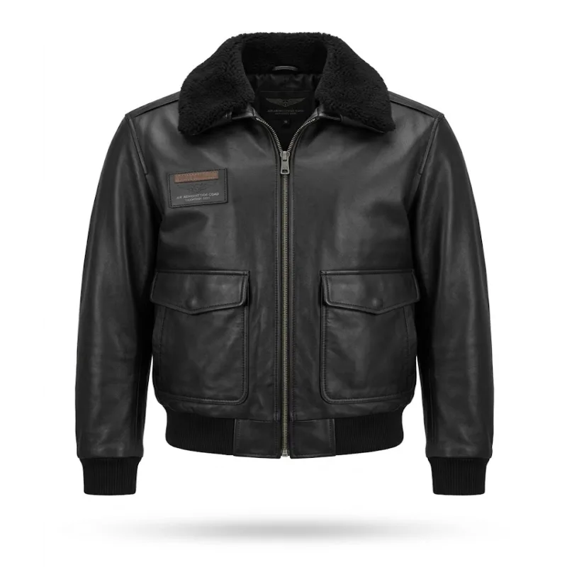Black Leather Shearling Collar Aviator Jacket Men’s Black Leather Shearling Collar Aviator Jacket