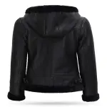 Black Shearling Leather Bomber Jacket With Hood